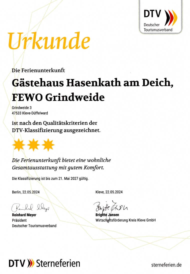 Urkunde Ferienwohnung Grindweide